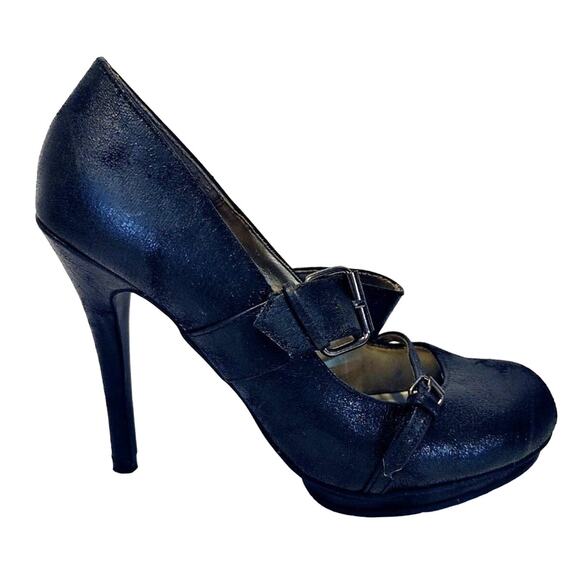 Sarah Jayne Double Buckle Mary Jane High Heel Pumps Faux Leather Black Womens 8 - Picture 2 of 8